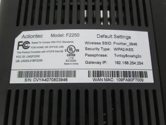 Frontier Actiontec DSL Internet Modem Wireless Router F2250