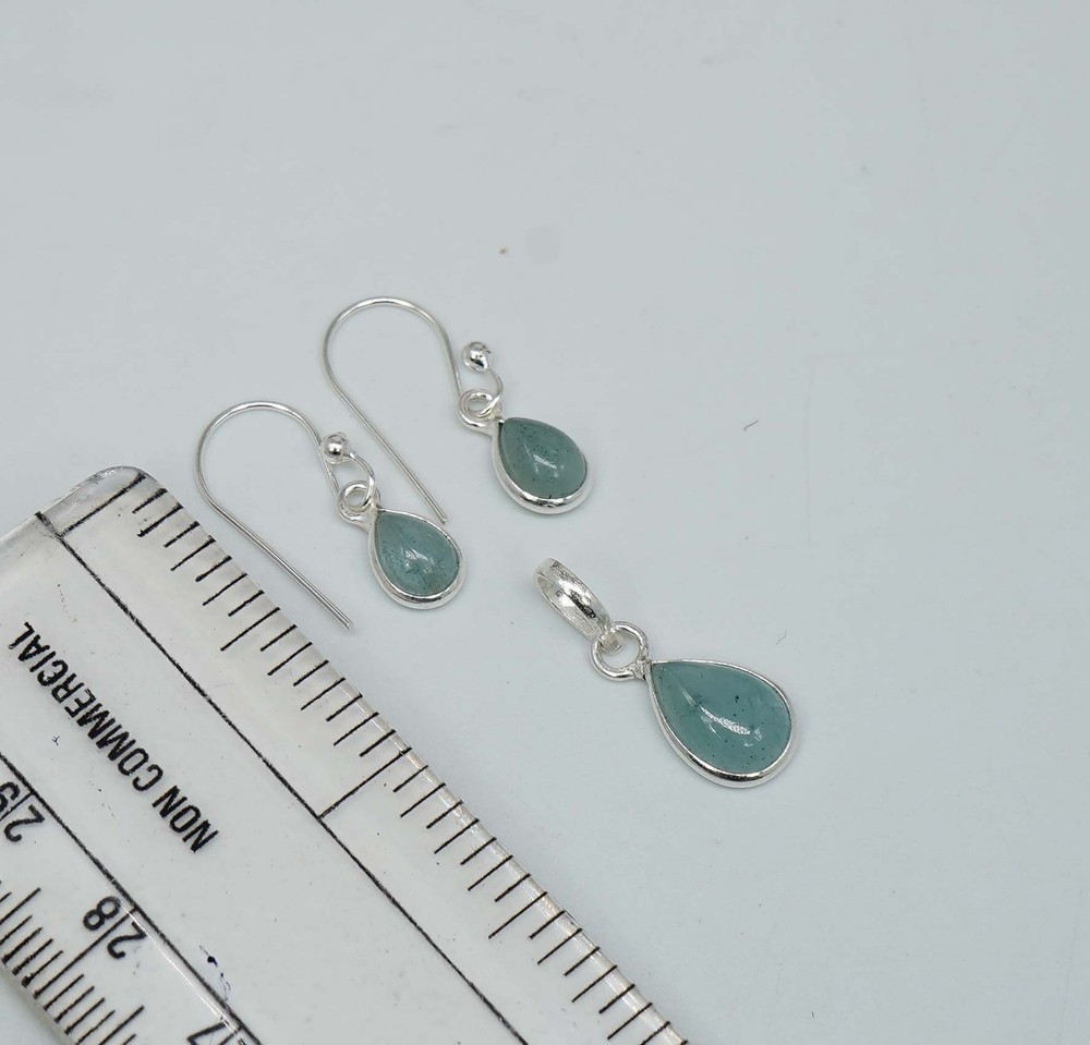925 Solid Sterling Silver Aquamarine Hook Earring Pendant Set