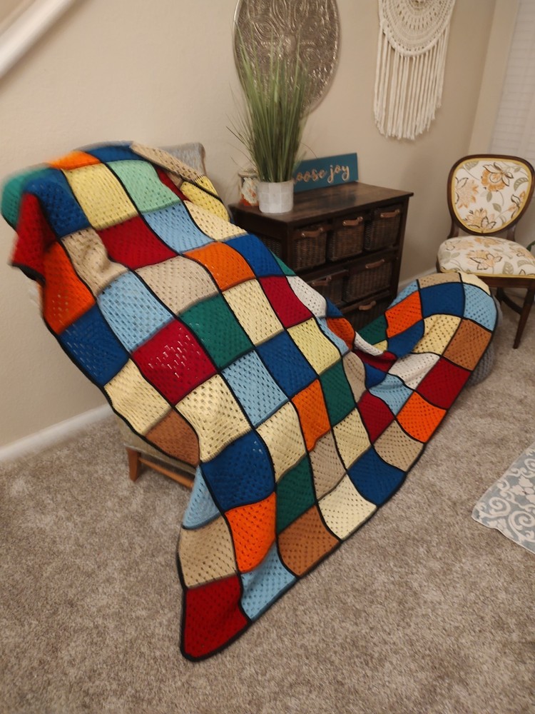 Large 70's Afghan, 90×66 Twin Bed Solid Color Square Patchwork High Quality Yarn