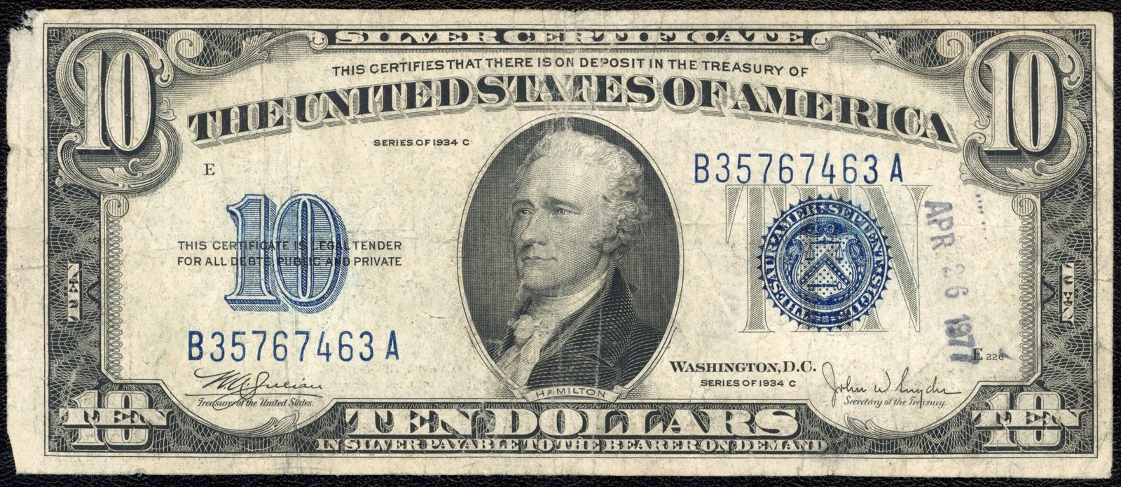 1934 C $10 Ten Dollar Silver Certificate Note Fr#1704