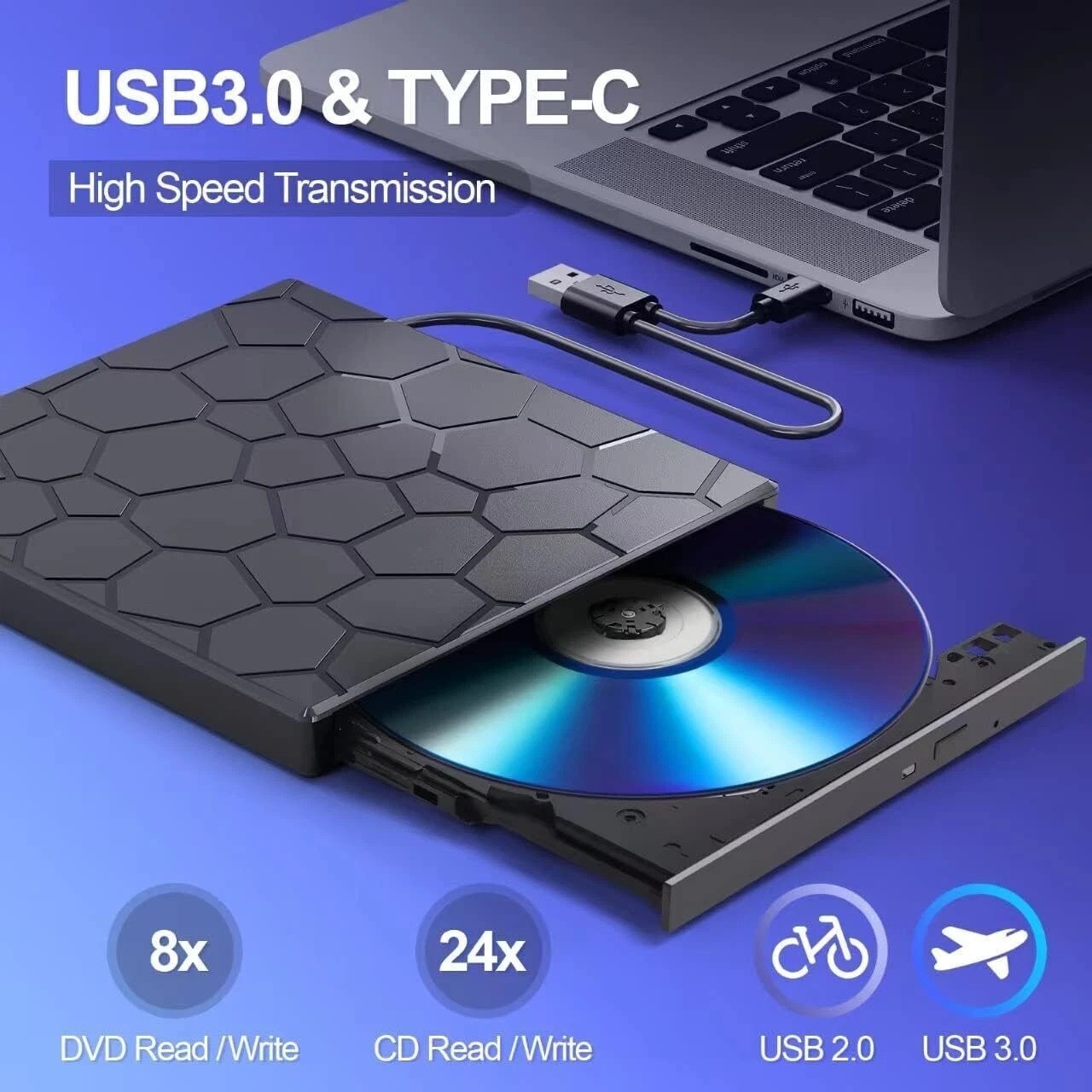 Slim External CD DVD RW Drive USB 3.0 Writer Burner Player Black For Laptop PC