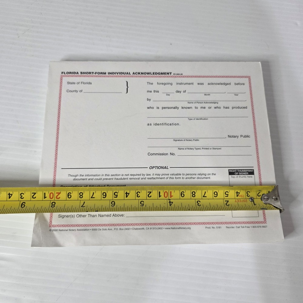 Florida Individual Acknowledgment About 100 Sheets Short Form Pad