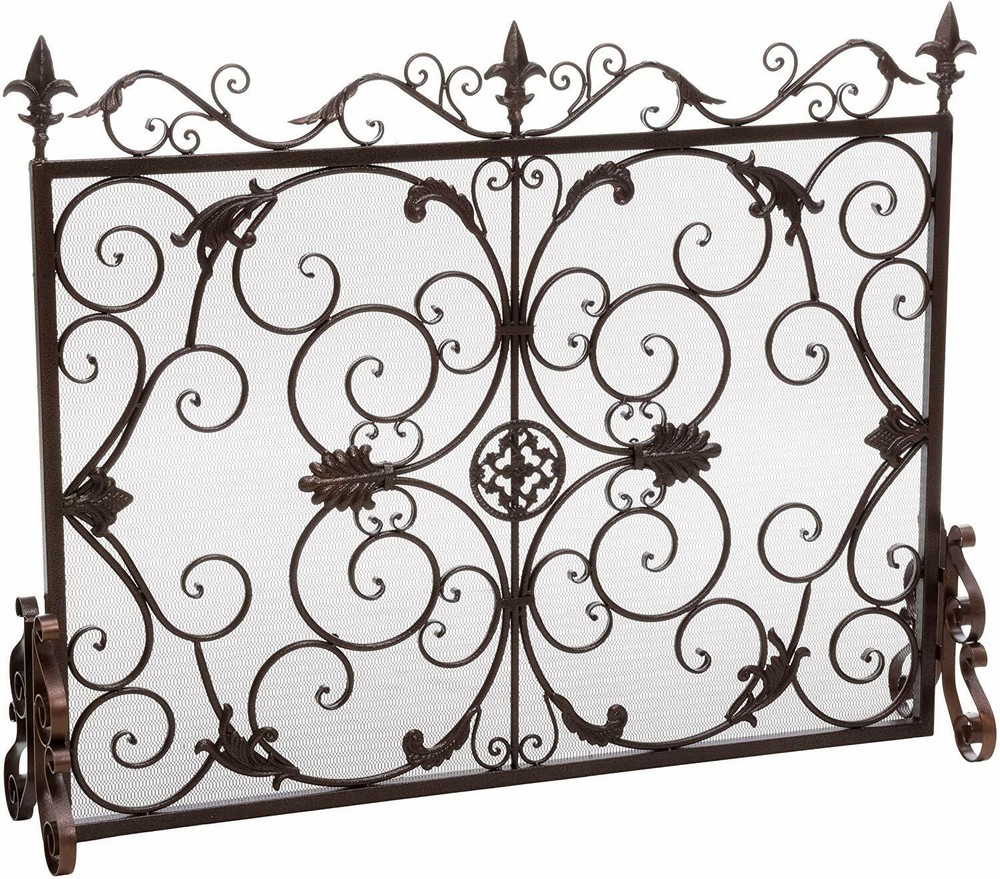 Black Gold Finish Fireplace Screen Panel Stand Wrought Iron Victorian Scrollwork