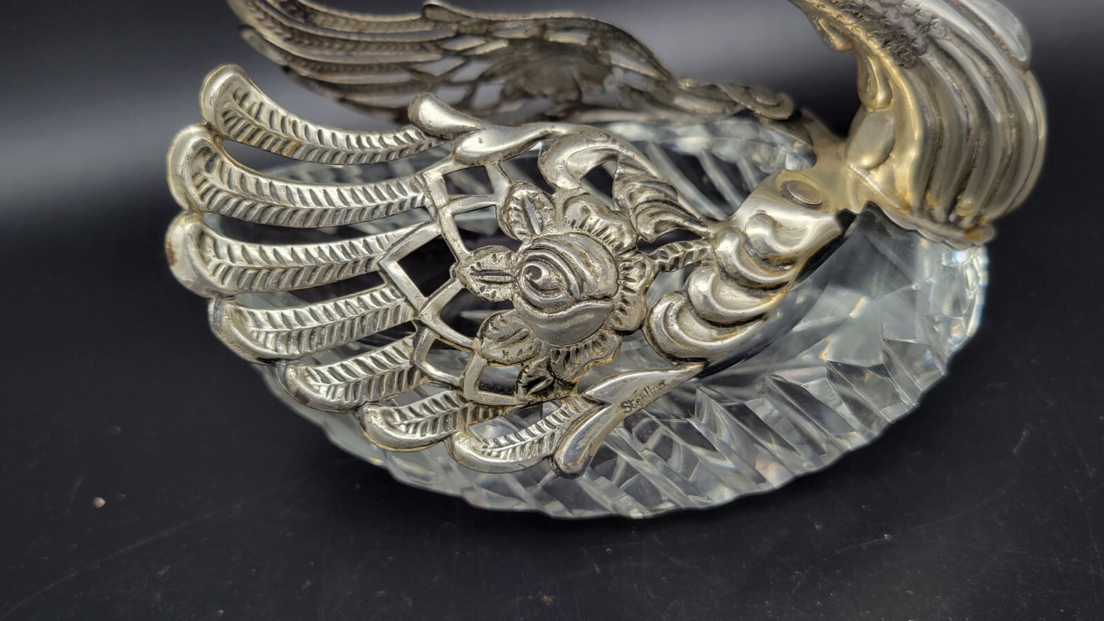 Vintage Sterling Silver & Crystal Swan Master Salt Cellar / Caviar Bowl, 5 1/4"