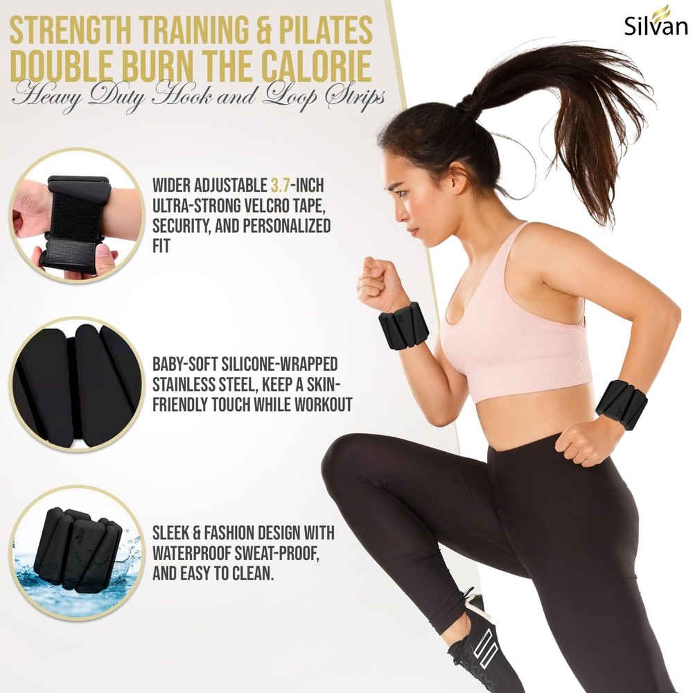 Black Adjustable Wrist & Ankle Weights – 1lb Each | Silicone Weighted Bangles...