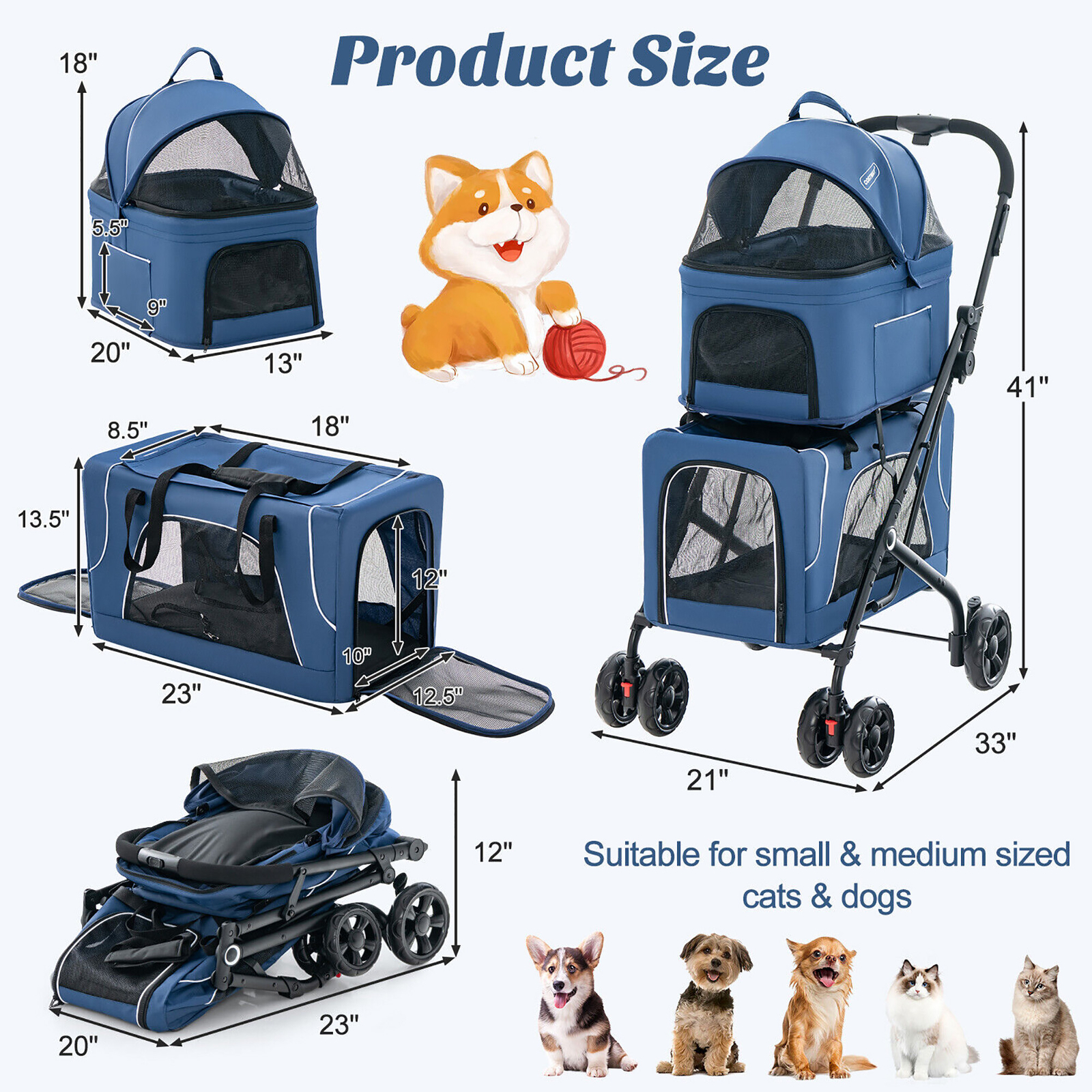 Double Pet Stroller for 2 Dogs or Cats w/ 2 Detachable Carriers Safety Belt Blue