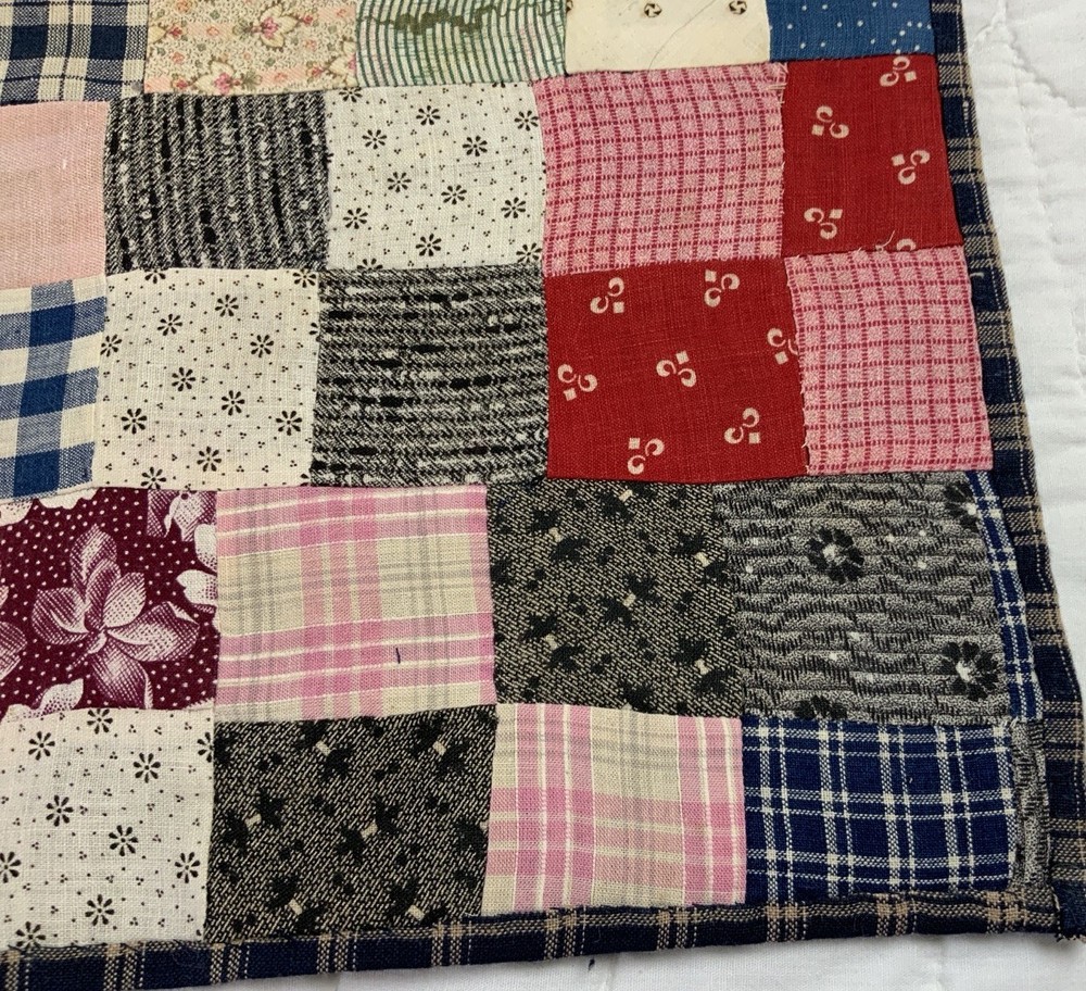 Antique Patchwork Quilt Table Topper, Rectangle, Four Patch, Early Calico Prints