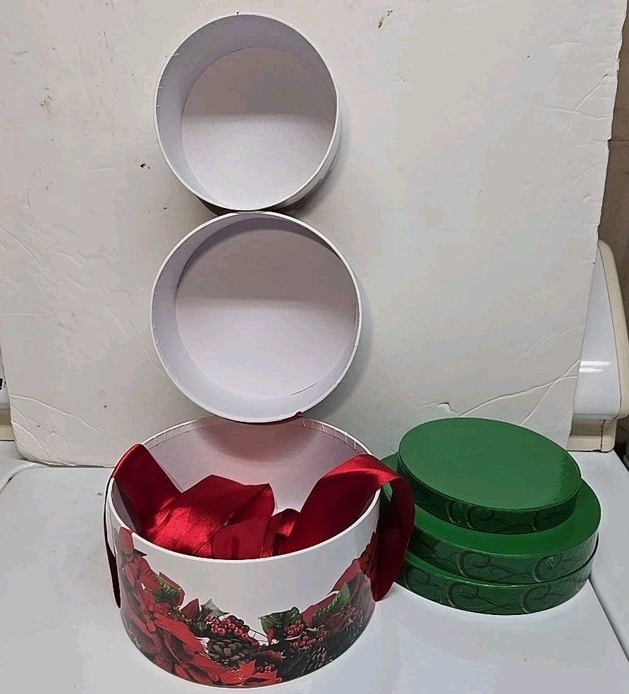 3 Christmas Nesting Gift Boxes Round Pointsettia Stackable Boxes Red Ribbon Tie