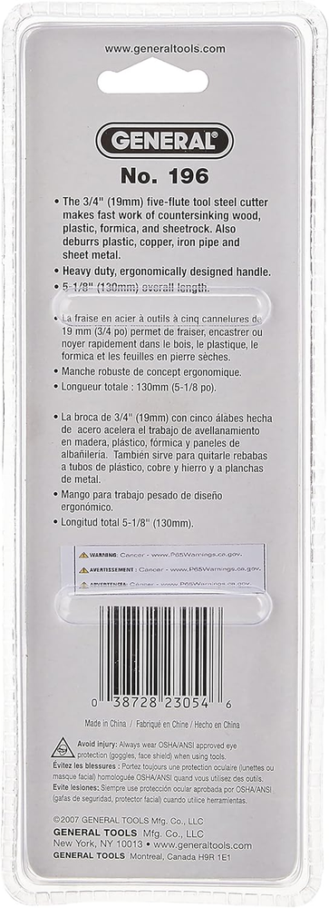 196 Short Length Hand Reamer & Countersink, 3/4"