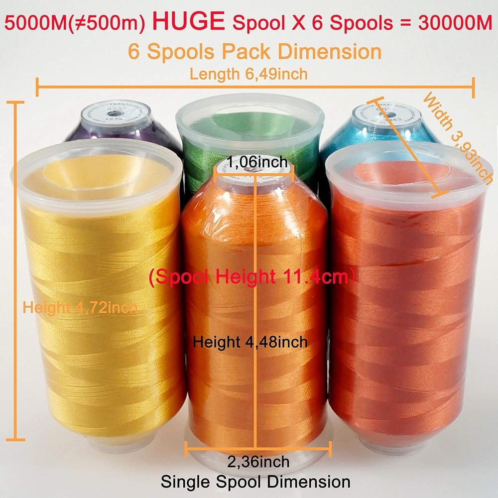 Professional Quality 5000M Polyester Thread - 6 Assorted Spools for Embroidery
