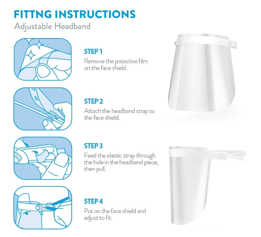 AccuMed 100-Pack Protective Face Shield Fully Transparent Adjustable Headband