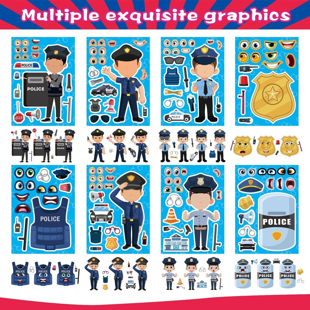 24 Sheets Make Your Own Policeman Stickers, Make-a-face