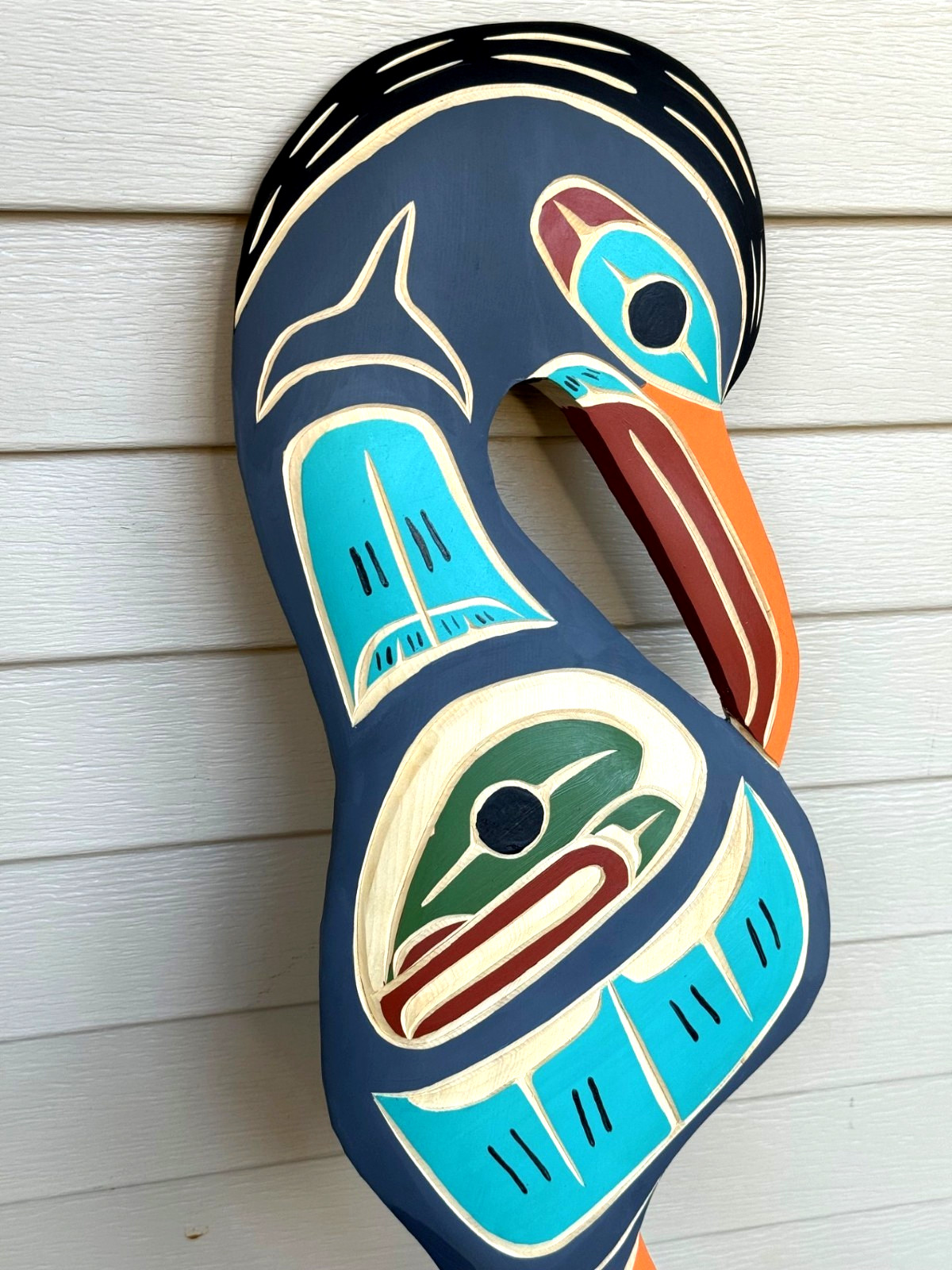 Northwest Coast Native Huge Detailed Yellow Cedar Baby Heron with salmon