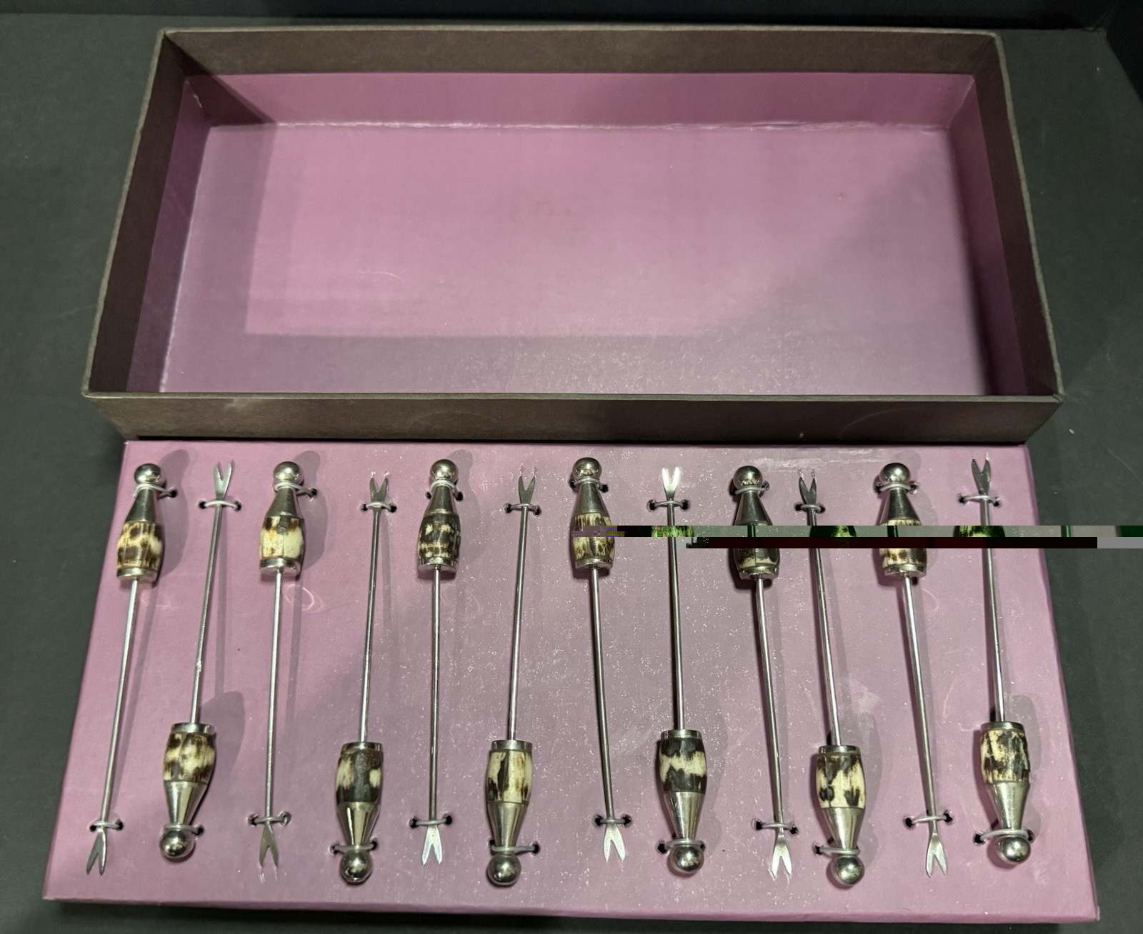 VTG ~ Coco Philips~ Cocktail Picks Silver-Tone Metal w/Bone Handles ~ Set of 12