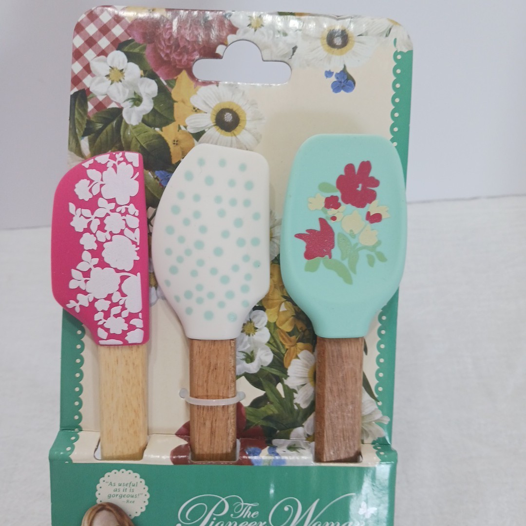 The Pioneer Woman Mini Silicone Spatula Acadia Wood Handle 3 Piece Set New!