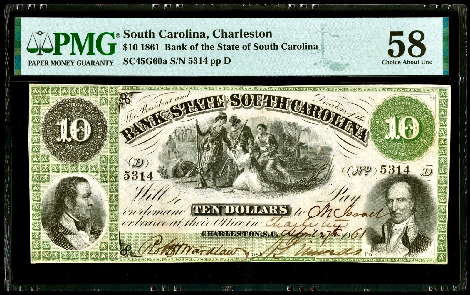 April 27, 1861 Charleston State South Carolina $10 Obsolete Banknote PMG AU58