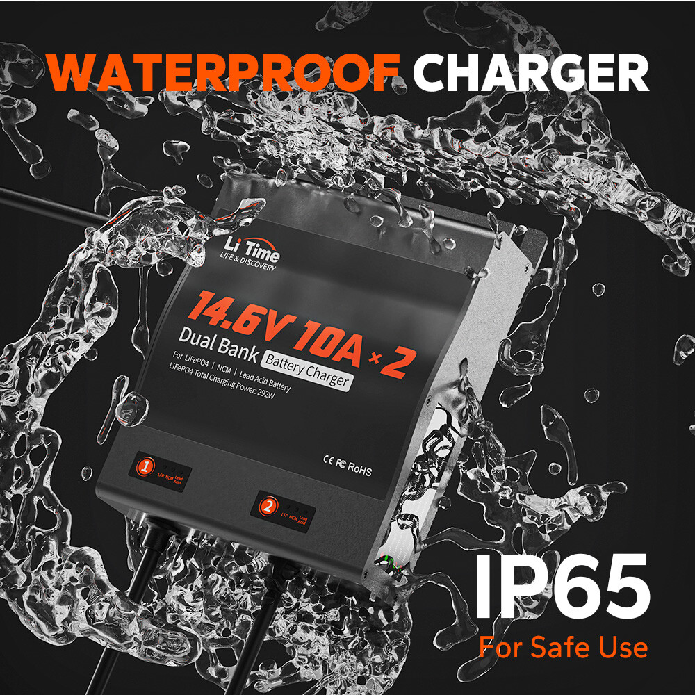 LiTime 14.6V 10Ax2 Dual Bank Smart Battery Charger for Lithium LiFePO4 Lead Acid