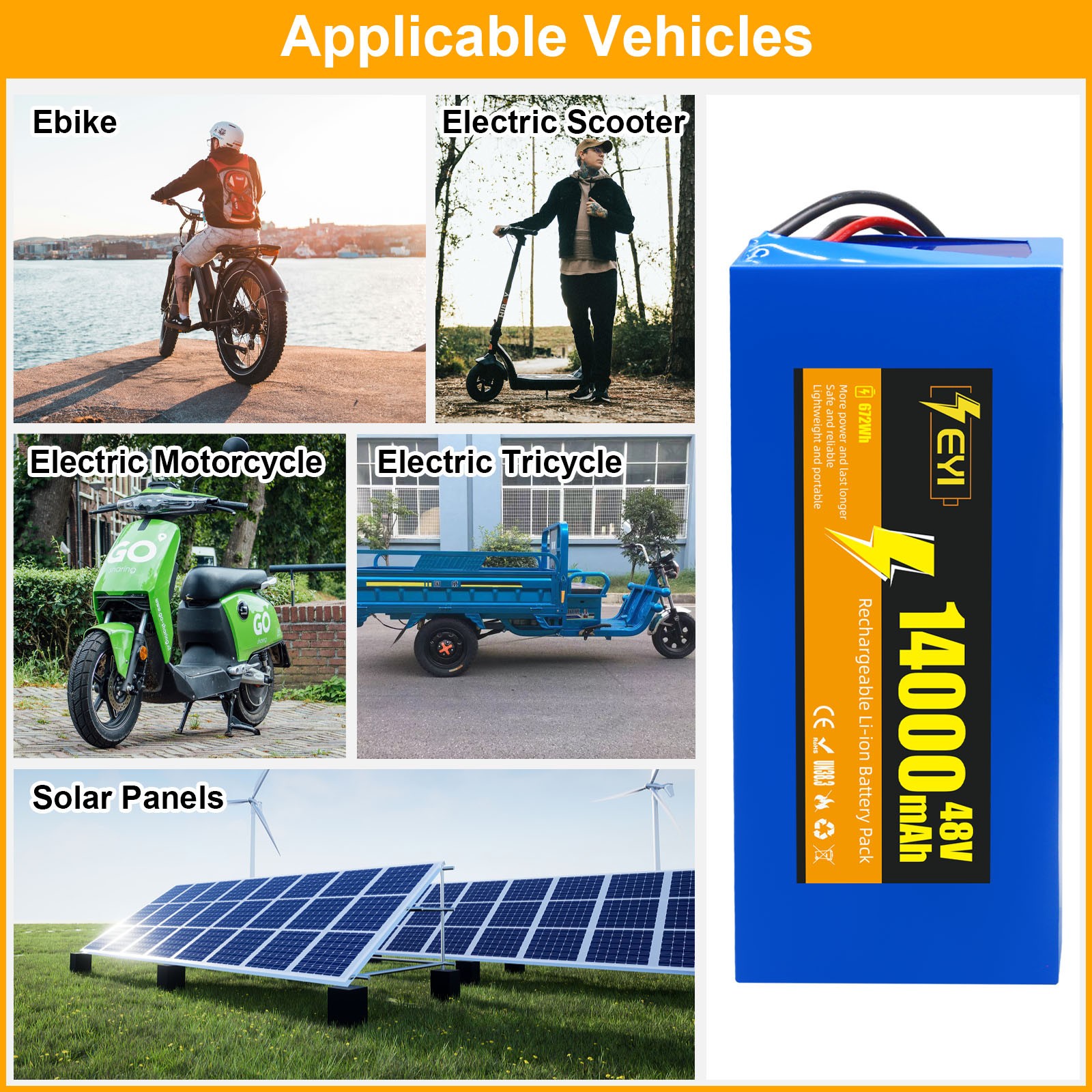 48V 14Ah Lithium Battery Pack for 0-1400W Ebike Bicycle Scooter with 2A Charger