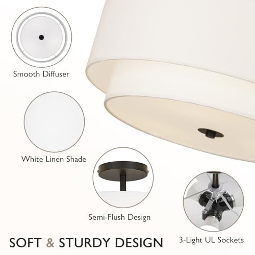 16" Dual Drum 3-Light Semi Flush Mount Ceiling Light, White Classic Black