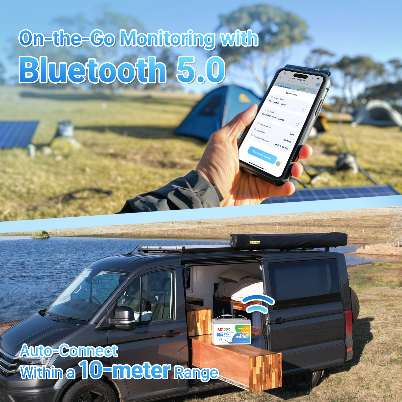 12V 100Ah Bluetooth LiFePO4 Lithium Battery App Real Time Monitoring for RV Boat