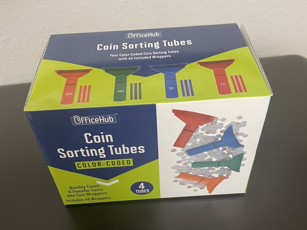 Office Hub Coin Sorting Tubes Color-Coded 4 Tubes