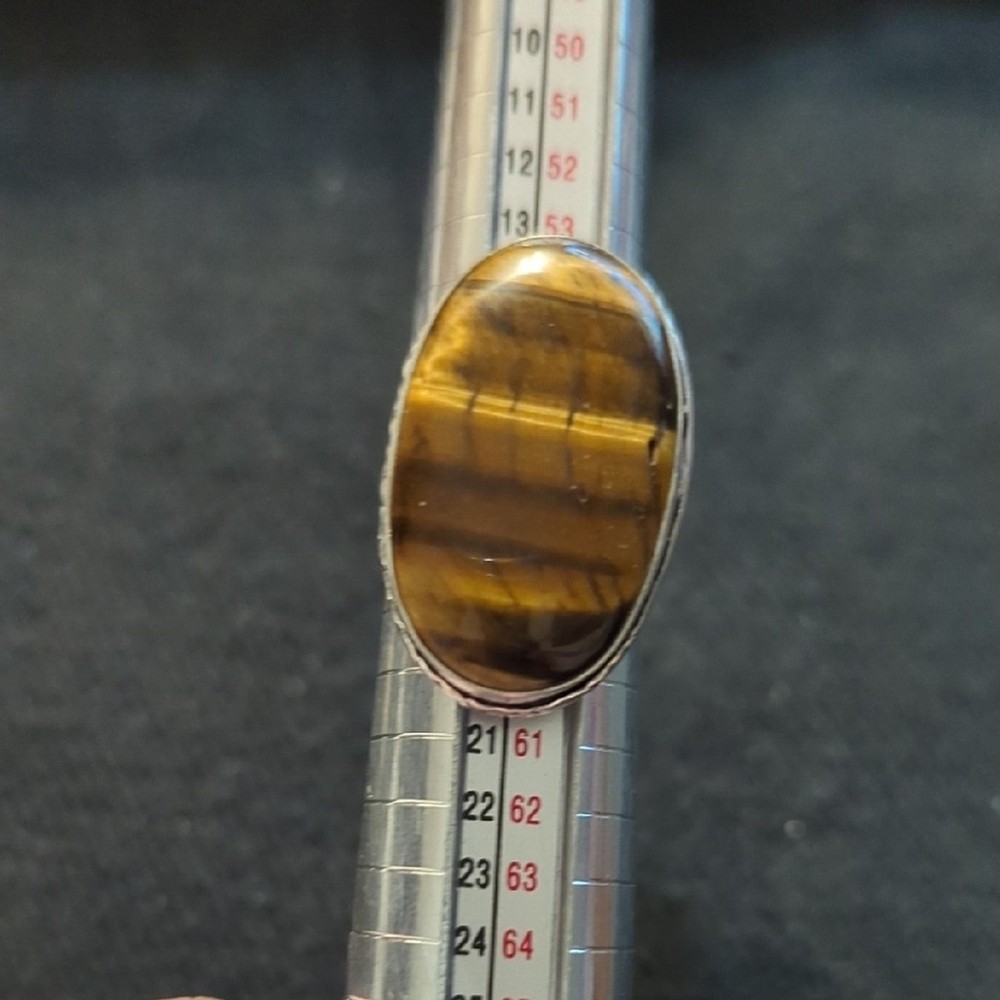 Silver Plated Brown Tiger's Eye Gemstone Oval Statement Ring - Size 8