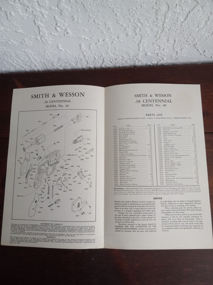 Smith & Wesson Original UNFOLDED Instructions Mod 40 CENTENNIAL RARE