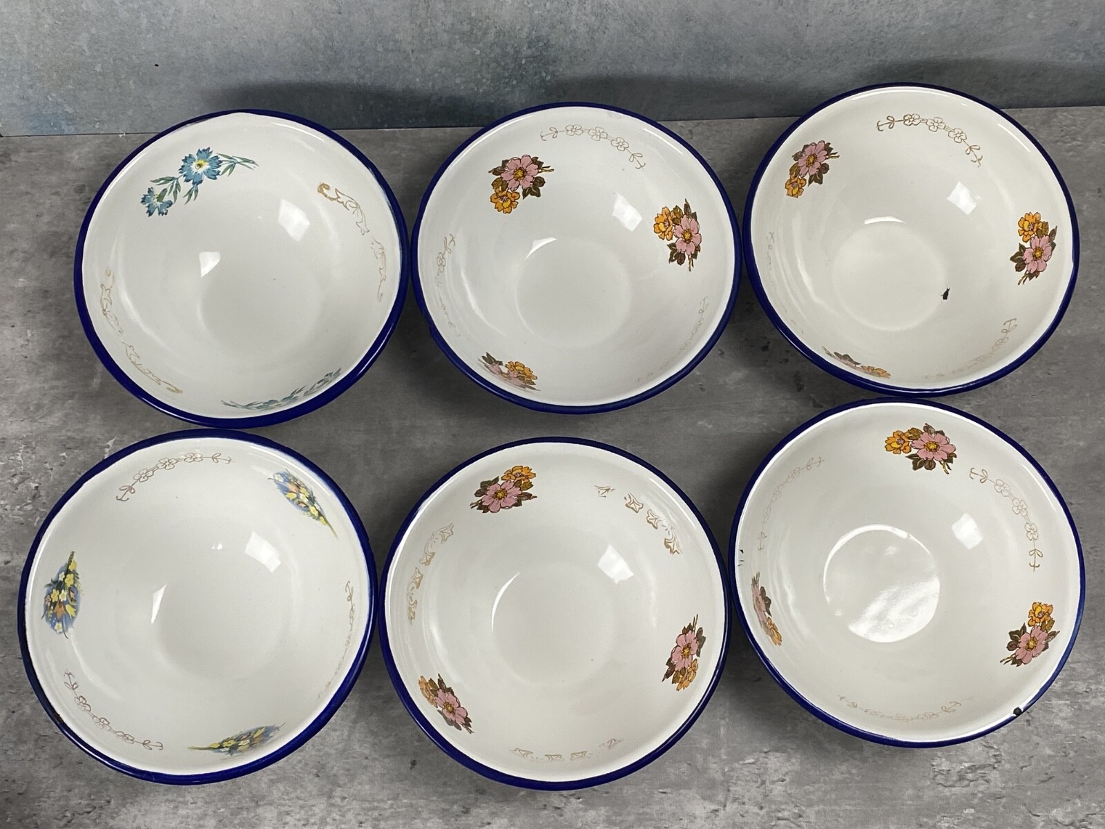 Vintage TrEs Enamelware Floral  6 Bowls Lot Camp Cottage Farmhouse Monterey MEX