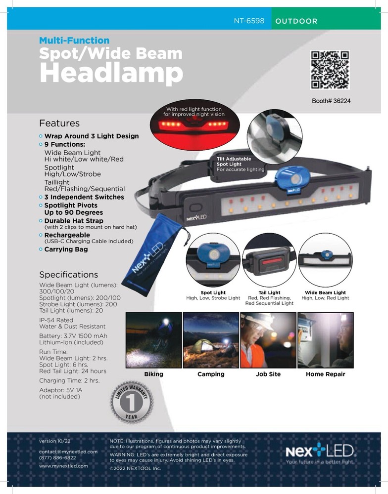 NextLED Multi-Function, Rechargeable Pro LED Headlamp, 3 Lights In 1, IP-54
