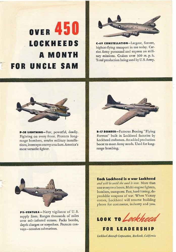 Magazine Ad - 1945 - Lockheed - World War II - 4 models shown