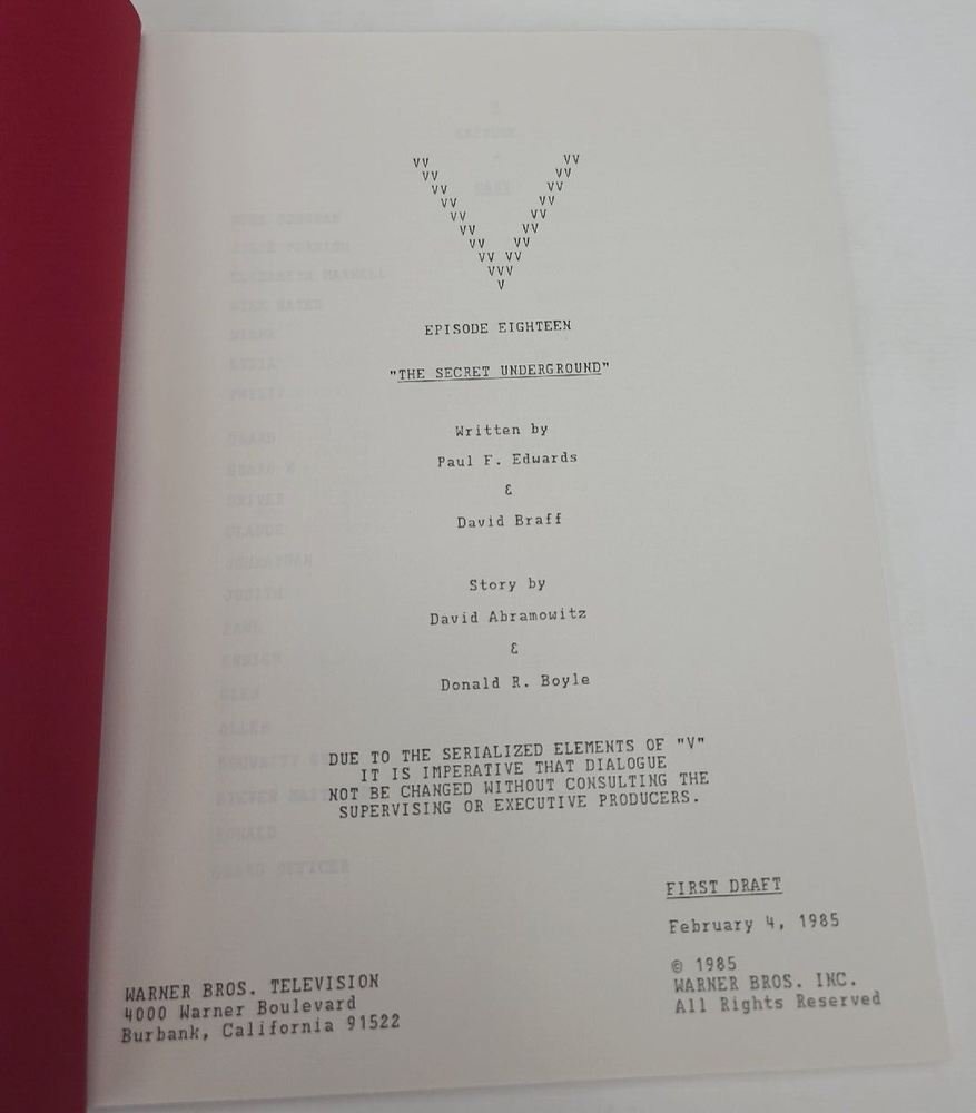 V / David Braff 1984 TV Script, Frank Ashmore "The Secret Underground"