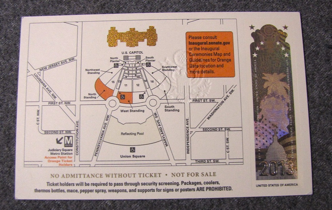 2013 Barack Obama Presidential Inauguration Ceremonies Orange Ticket Pass