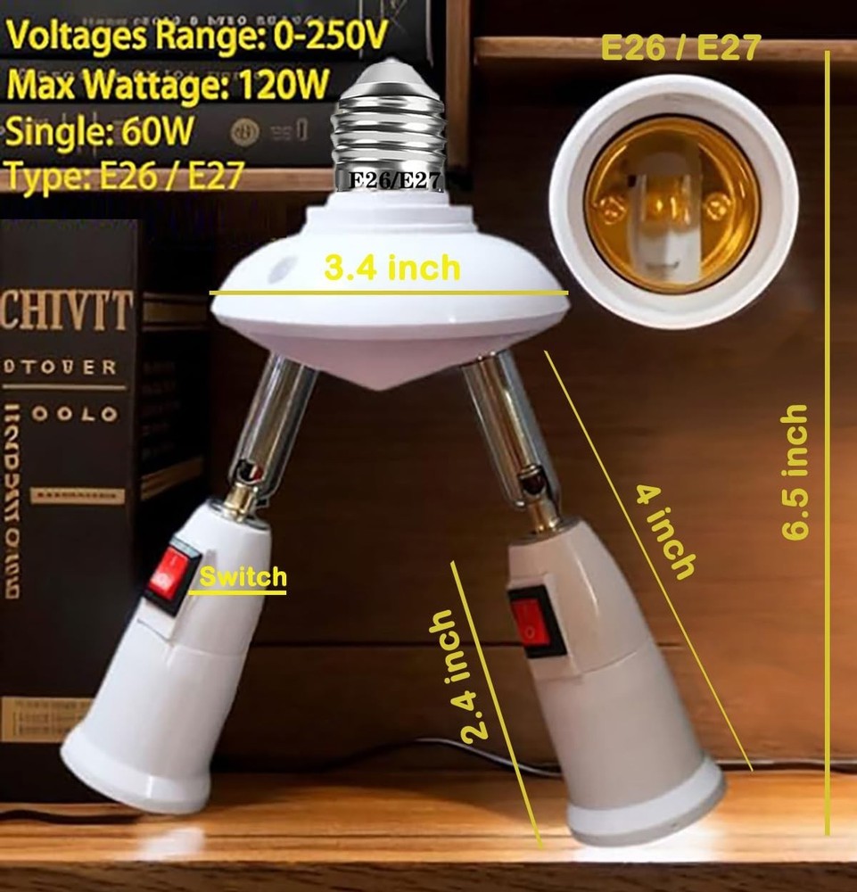 2-in-1 Light Socket Extender E26/E27 to 2 Bulb Adapter Adjustable 360° Rotatable
