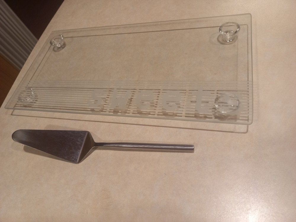 S&P Salt & Pepper Rectangular Glass sweets plate with cake server 40x20cm