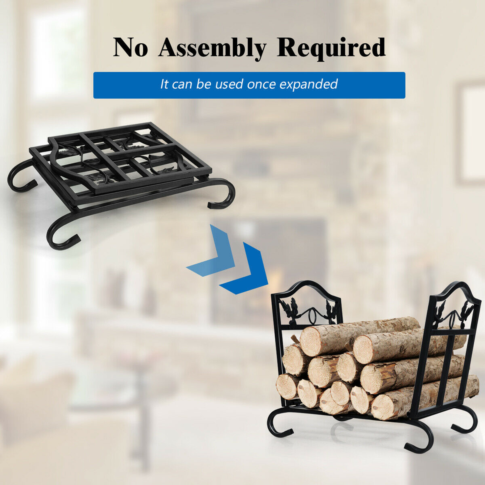 Foldable Firewood Log Rack Steel Wood Storage Holder for Fireplace Black