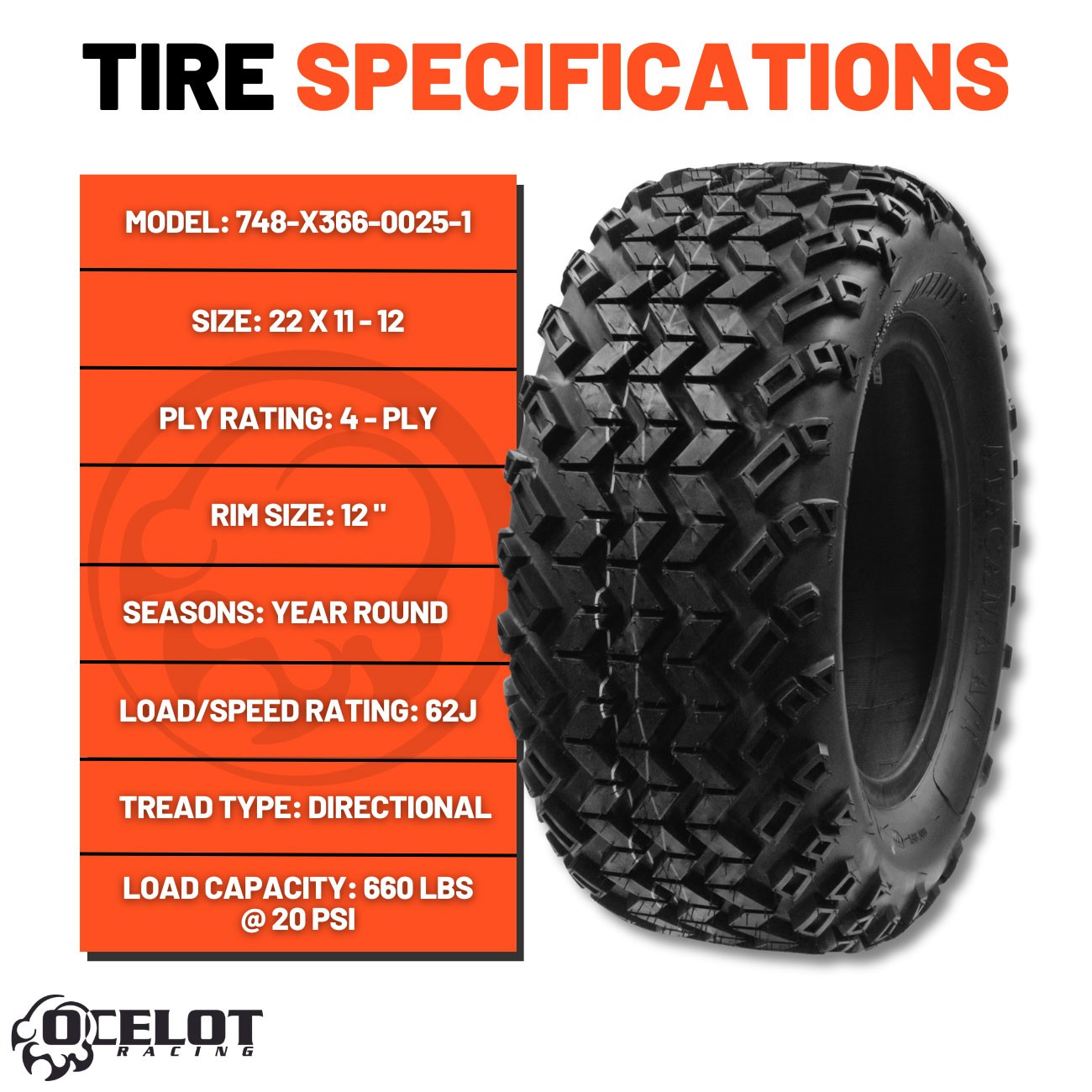Ocelot Atacama A/T 22x11-12 Golf Cart Tire - Set of 4