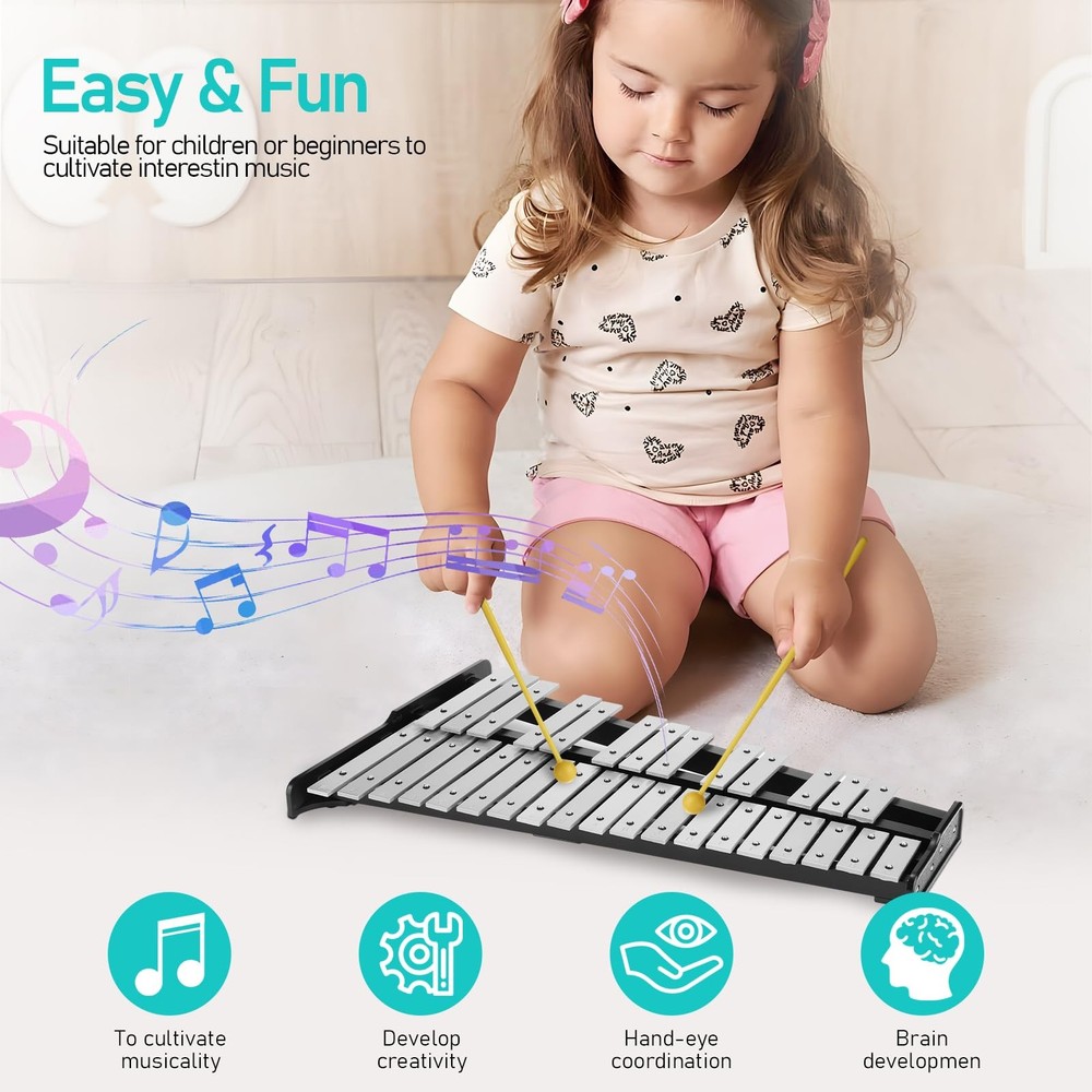 32 Note Glockenspiel Xylophone Percussion Kit with Height Adjustable Stand, D...