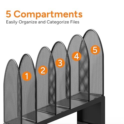 5-Section Desk File Organizer, Metal Mesh Folder Organizer for Documents, Black