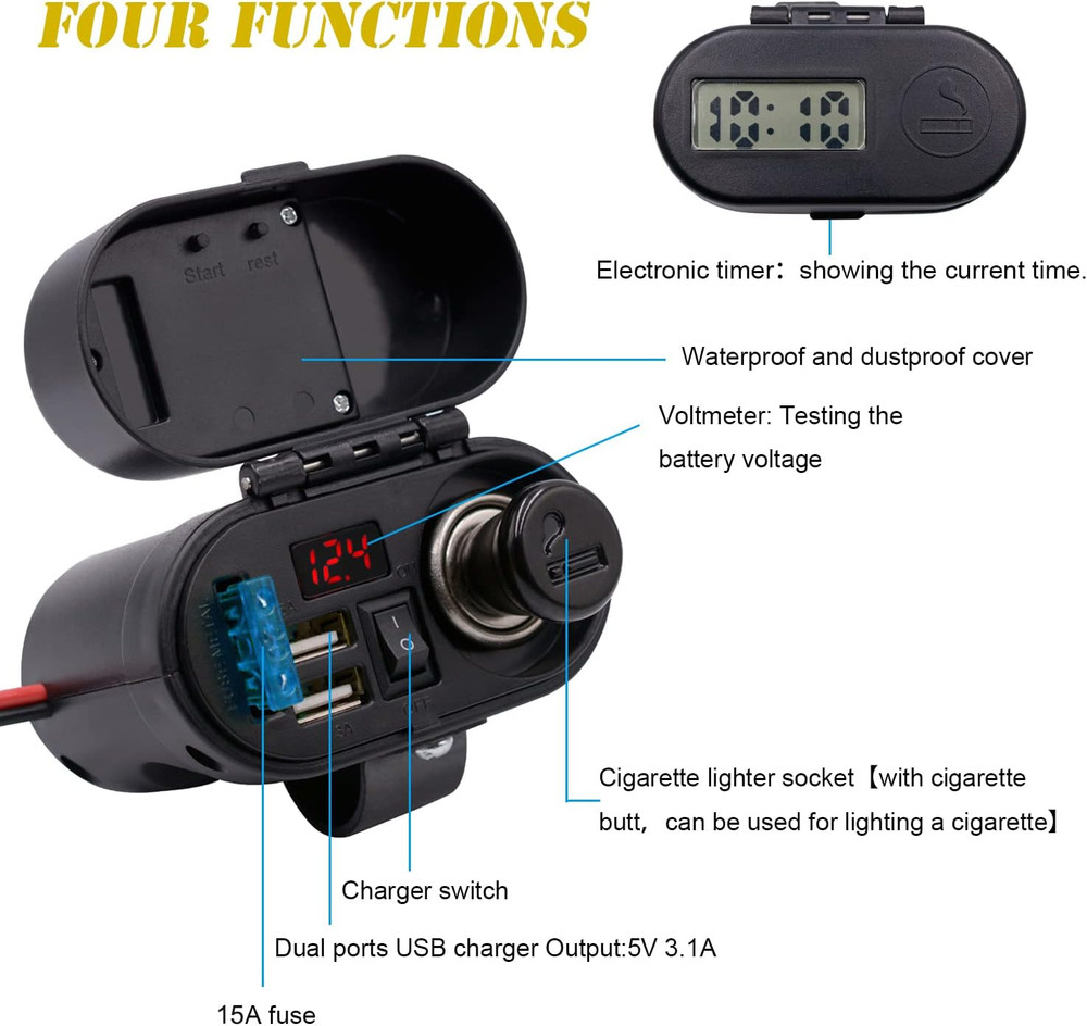 5V/3A Dual USB Charger Socket Waterproof Motorcycle Handlebar & Rear View Mirror