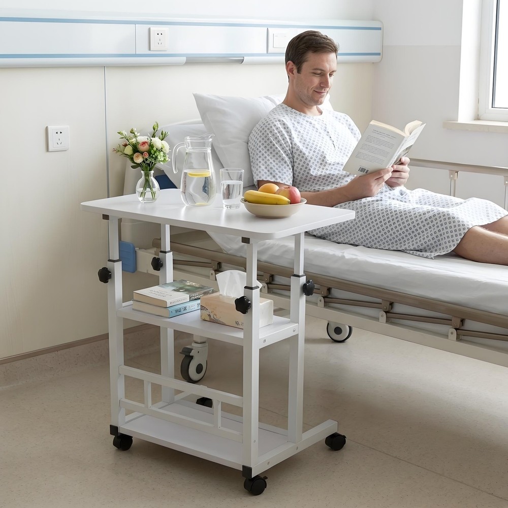 3-Tier Adjustable Nursing Bedside Table Simple Hospital Bedside Table white