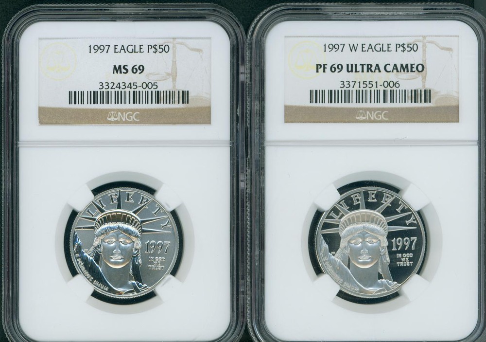 1997-P & 1997-W $50 PLATINUM EAGLE NGC MS69 & PF69 (PR69) FIRST Year 2-COINS SET