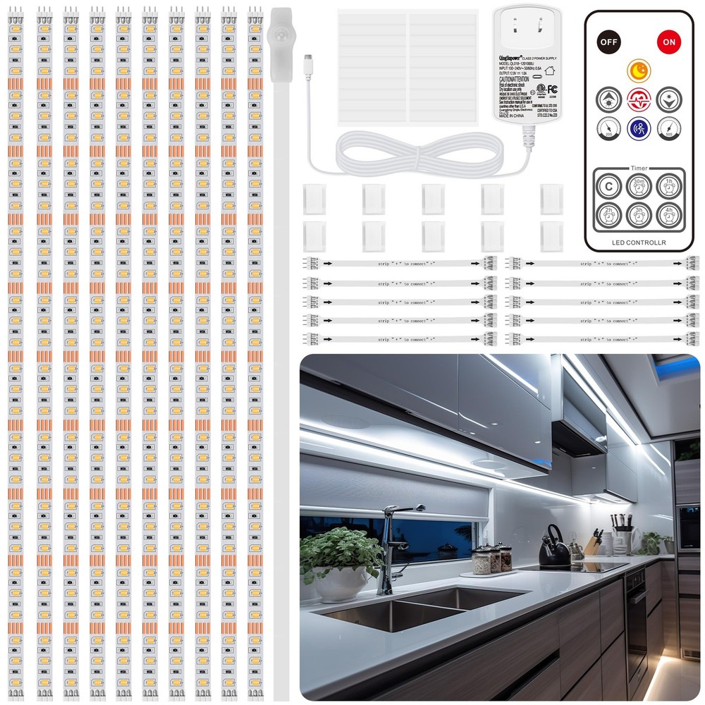 Under Cabinet Lights Kit 10 PCS Motion Sensor LED Strip Remote Dimmable Timer