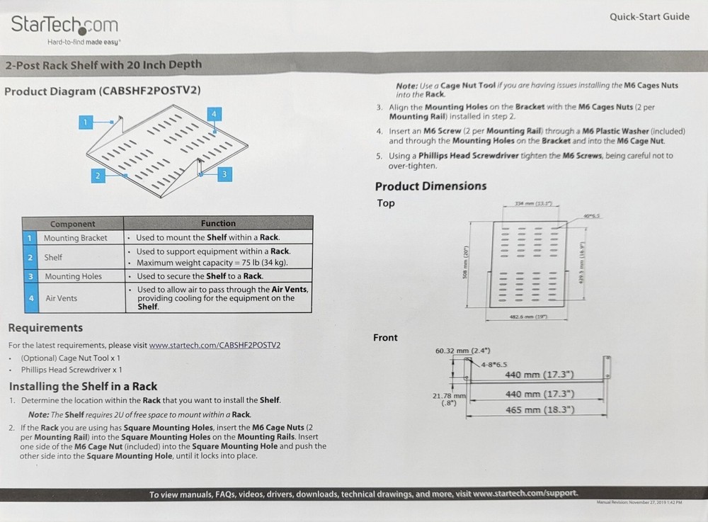 StarTech 2 Post Vented Server Rack Shelf Mount Up to 75 lb. CABSHF2POSTV2