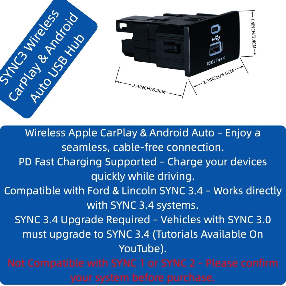 Ford Sync 3 Wireless Apple CarPlay Android Auto USBHUB Upgraded Version