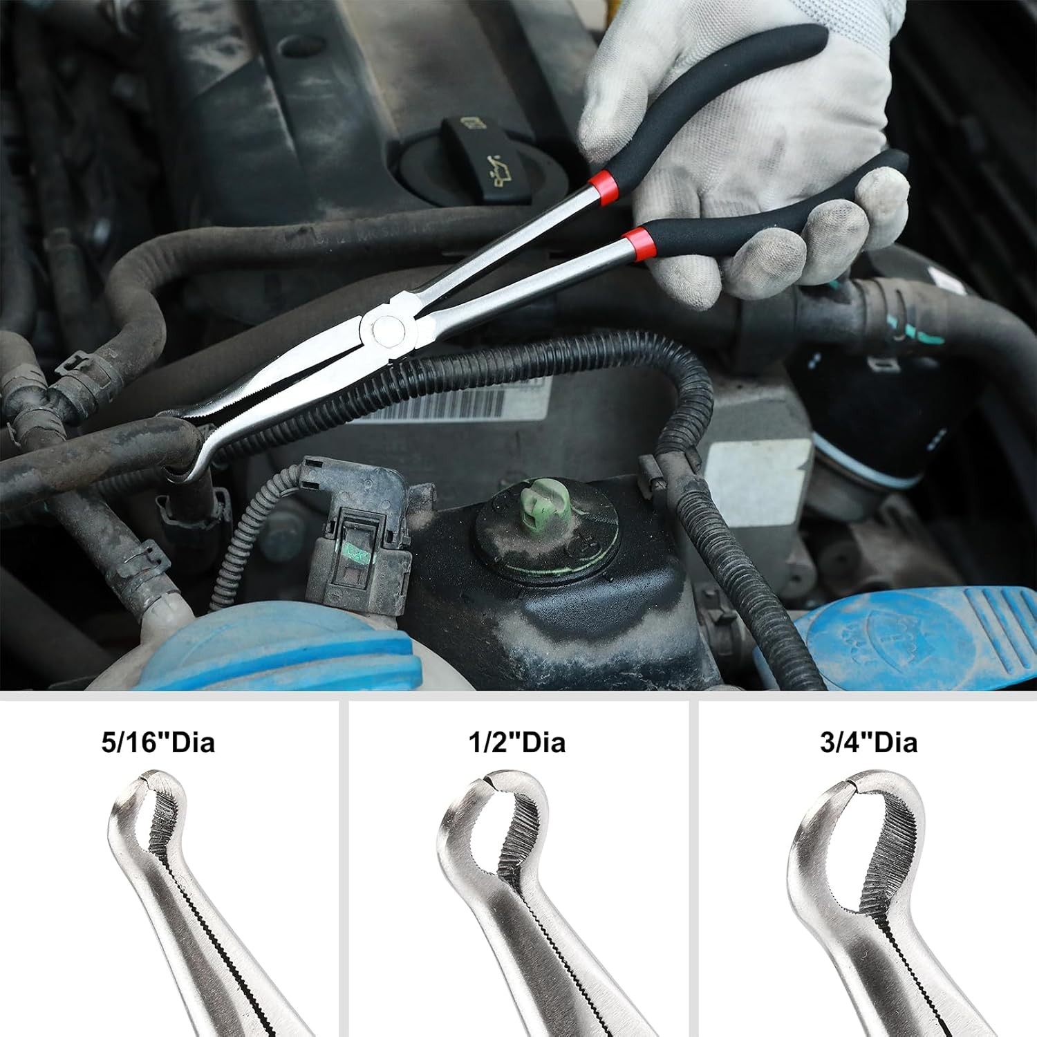 6PCS Extra Long Reach Pliers Set, 11" Straight, 45 and 90 Bent Nose, 5/16", 1/2"