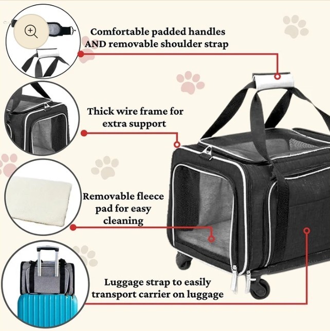 Airline Approved Expandable Premium Pet Carrier on Wheels- Two Sided BLACK...215