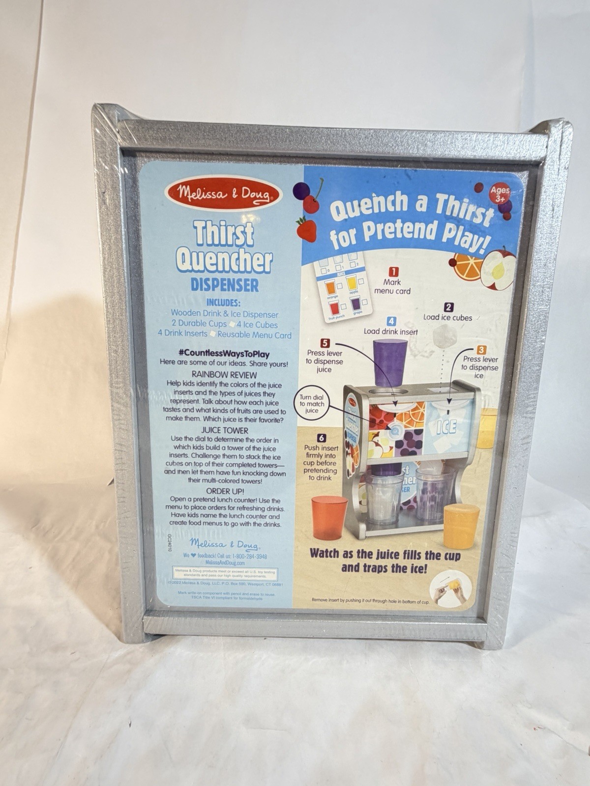 Melissa & Doug Wooden Thirst Quencher Drink Dispenser W/ Cups, Juice Inserts NEW