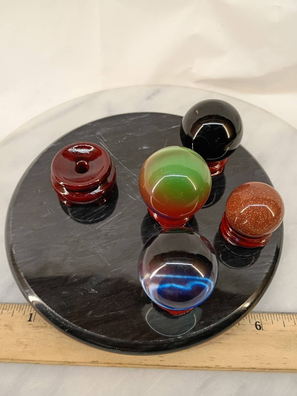 Lot Of 5 Glass Orbs Marbles With Stands And Marble Base Meditation Healing