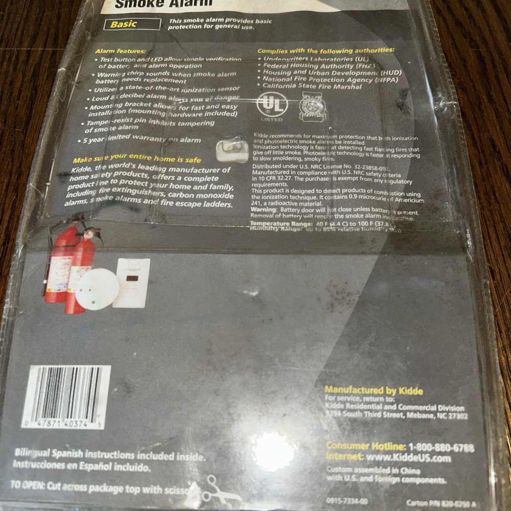 Kidde Basic Smoke Alarm / Detector 0915K Detector White Battery Operated