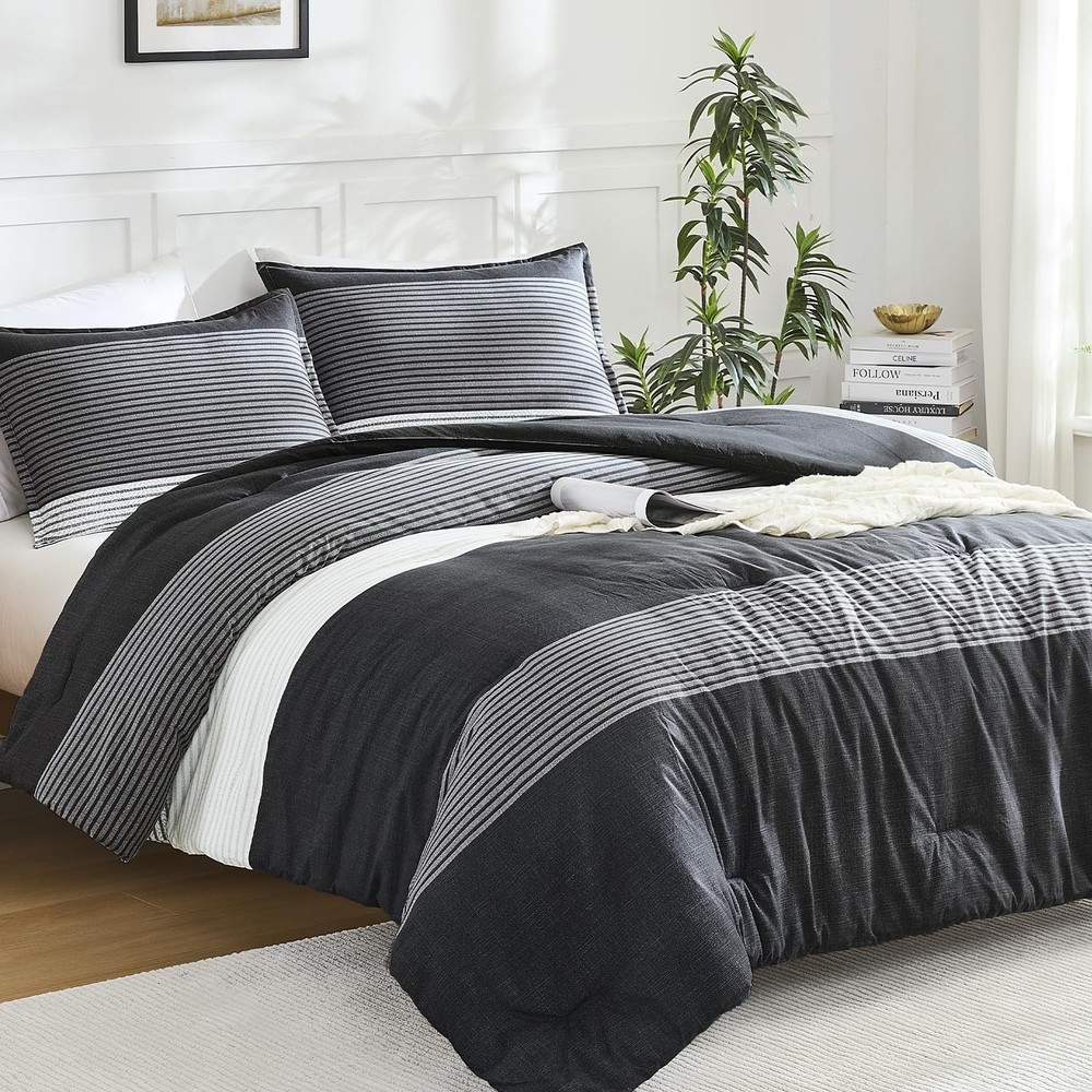 Full Size Comforter Sets Black White Grey - 3 Pieces Lightweight Bedding Set,...
